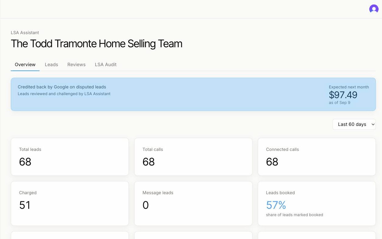 Driven LSA overview: $97.49 credited back by Google on disputed leads